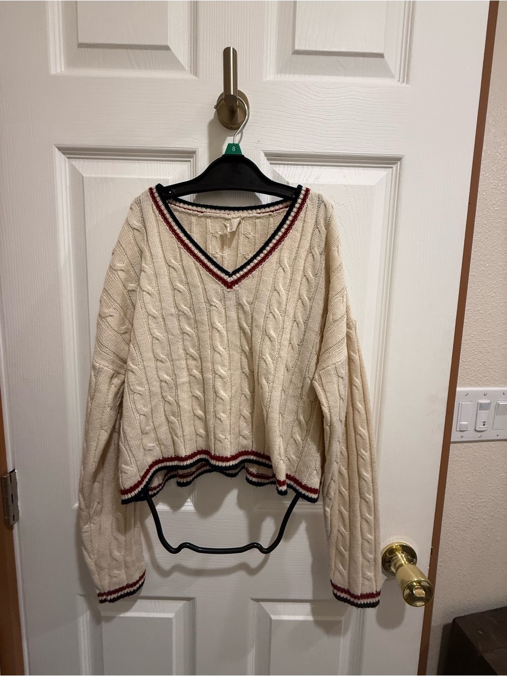 Cream Cable-Knit V-Neck Sweater with Stripe Trim